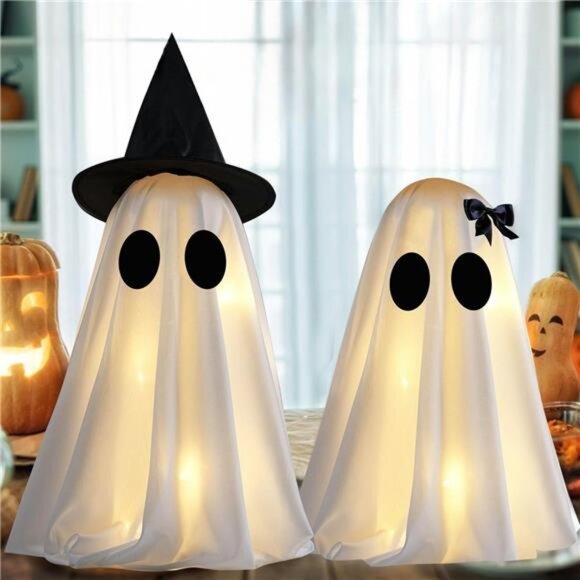 Set of 2 Light Up Halloween Ghost Decorations with Timer for DIY Spooky Display - Picture 1 of 7